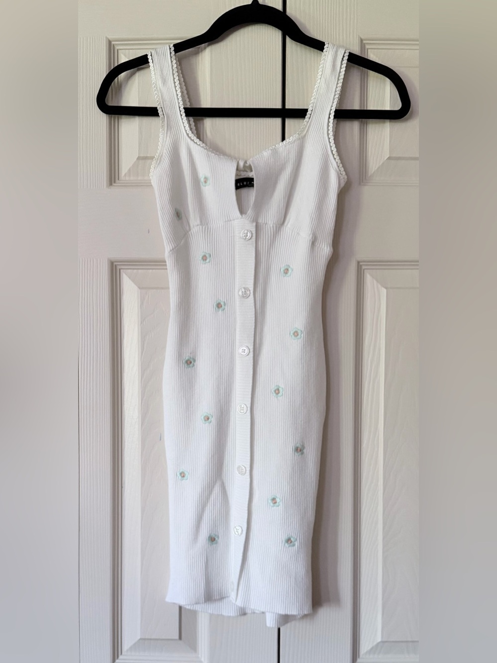 Blue Blush White Ribbed Button-Front Dress with Mint Floral Accents